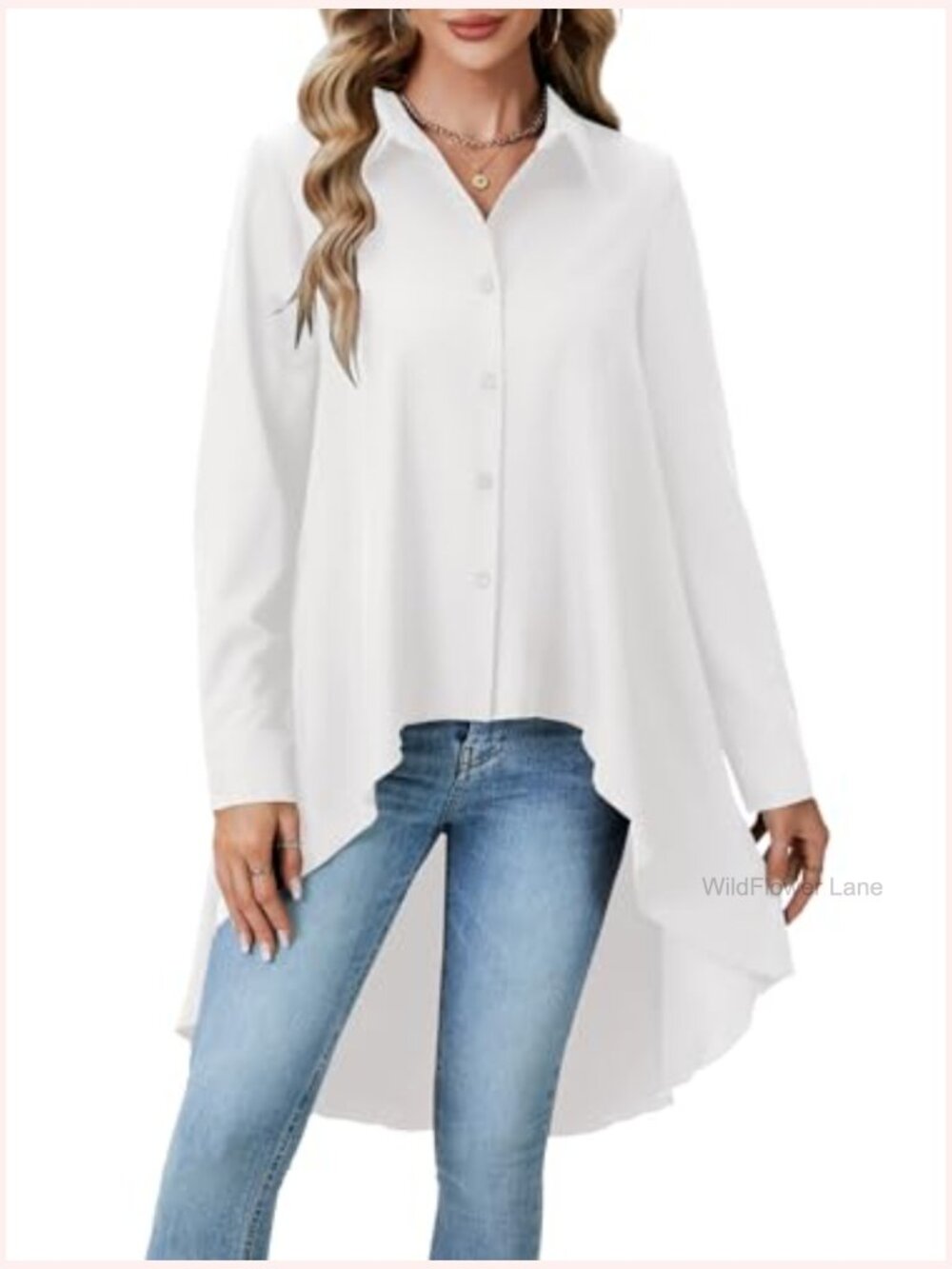 Button Down Asymmetrical Hem Blouse Long Sleeve Tunic Tops - Picture 2 of 6